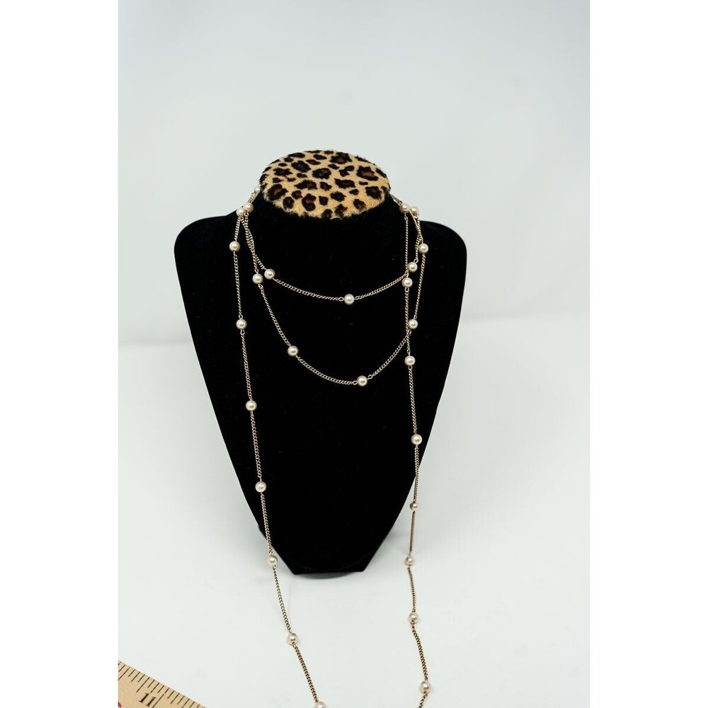 Faux pearl gold tone chain necklace long 60" single strand classic Opera